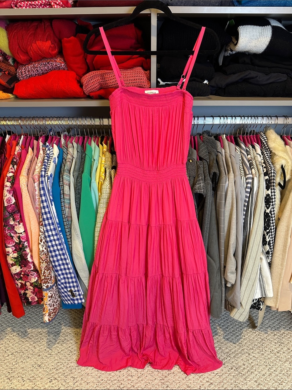 Evereve pink adjustable strap smocked waistband tiered maxi dress size S